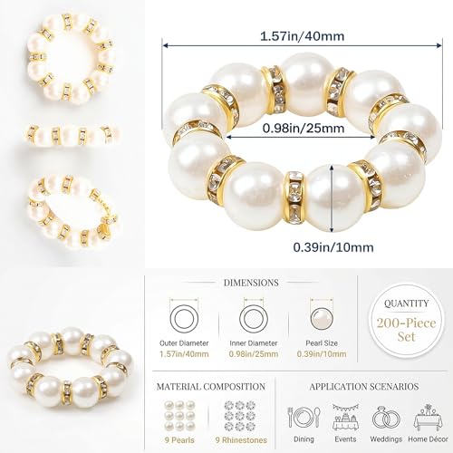 Pearl Napkin Rings Set of 200 with Gold Rhinestones - Elegant Table Decor