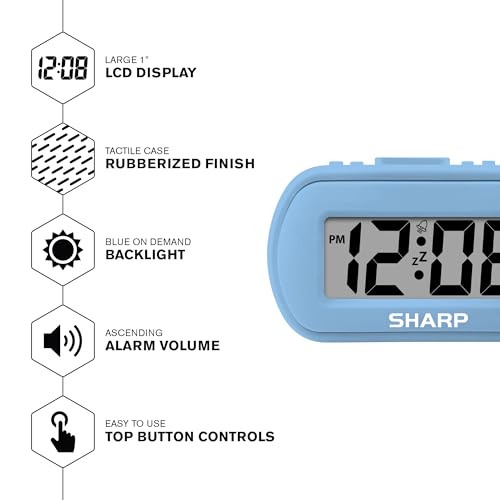 Sharp Battery Alarm Clock with Blue Backlight & Snooze Feature