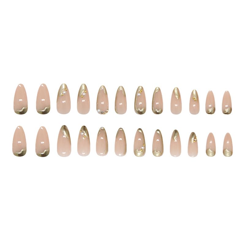 Gold French Tip Press on Nails Medium Almond Fake Nails with Pearls