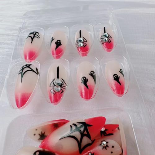 Halloween Press on Nails Medium Almond Fake Nails with Spider Web Designs