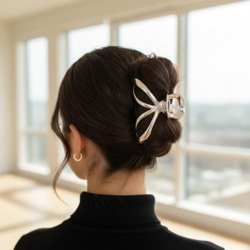 Metal Silver Hair Claw Clip with Ribbon Bow for Thick Hair
