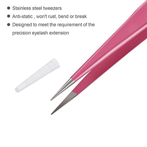 Hotop Eyelash Extension Tweezers Set - Straight and Curved Stainless Steel False Lash Application Tools with Storage Bag, Pink