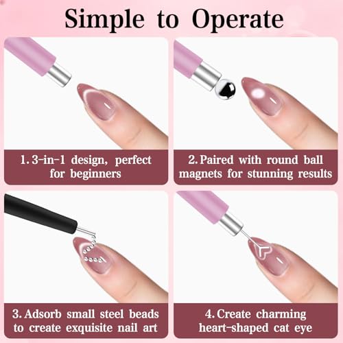 Cat Eye Magnet Set 4-Piece Dual-Ended Wand & Magnetic Beads for Gel Polish