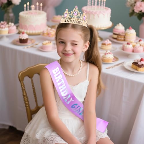 Birthday Girl Crown and Sash Set - Purple Rhinestone Tiara & Glitter Sash