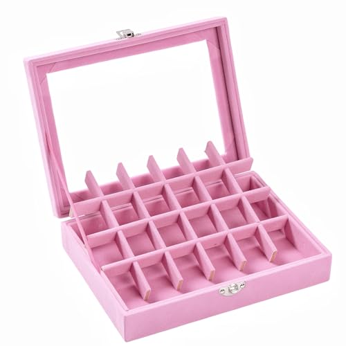 WINDAWNKE 24-Grid Jewelry Organizer Box, Pink Velvet Ring Display Tray