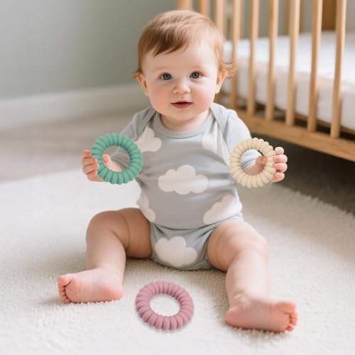 Silicone Baby Teether Rings with Rattle - 3 Pack Soothing Toys