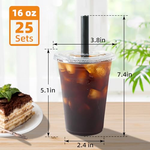 16oz Disposable Clear Plastic Cups with Lids and Straws - 25 Pack