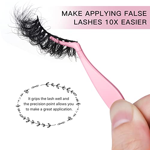 Miuffue Stainless Steel Lash Applicator Tool - Pink Curved Eyelash Tweezers for Cluster and Strip Lashes