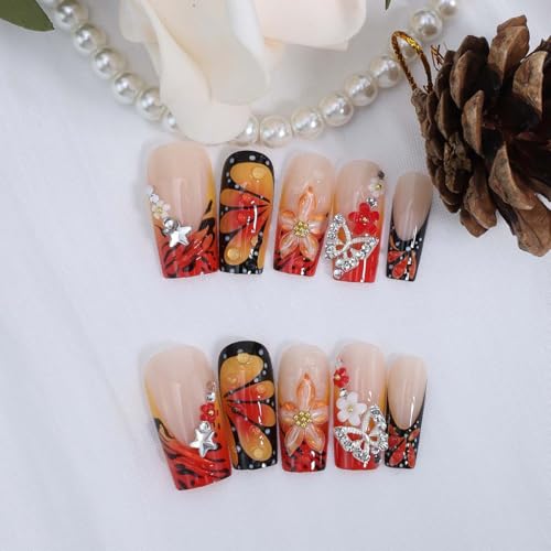 Flower French Tip Press on Nails Long Square 3D Floral Butterfly Fake Nails