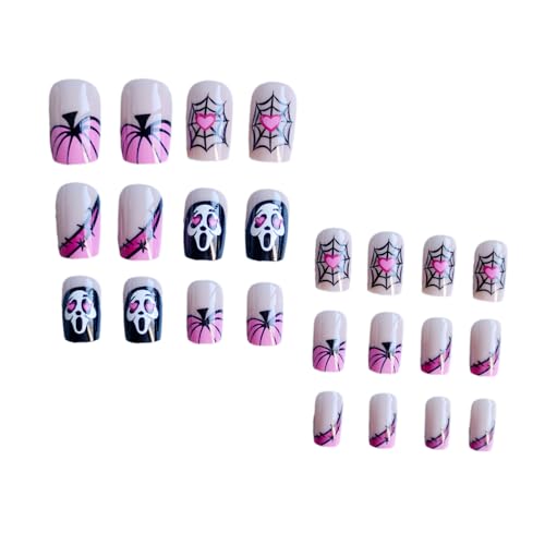 Halloween Press on Nails Short Square French Tip False Nail Kit