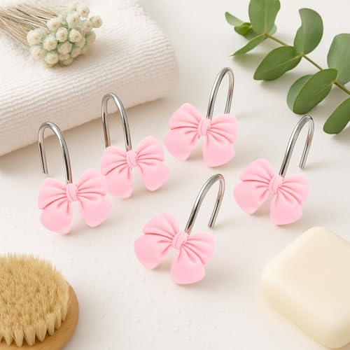 Pink Bow Shower Curtain Hooks - Set of 12 Cute Resin Bathroom Decor