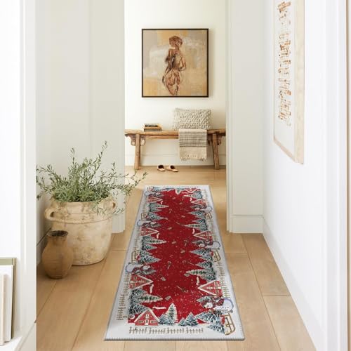 Red Snowman House Pine Tree Christmas Area Rug 2x6 ft - Non-Slip Washable Home Decor