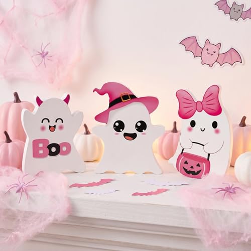 Cute Pink Wooden Ghost Halloween Table Decor - 3 PCs Set