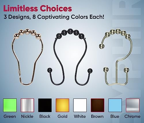 Stainless Steel Secure Lock Shower Curtain Hooks - Pack of 12, Polished Nickel