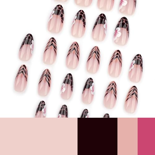 Floral Press on Almond Nails Glossy Medium False Nails with Charms