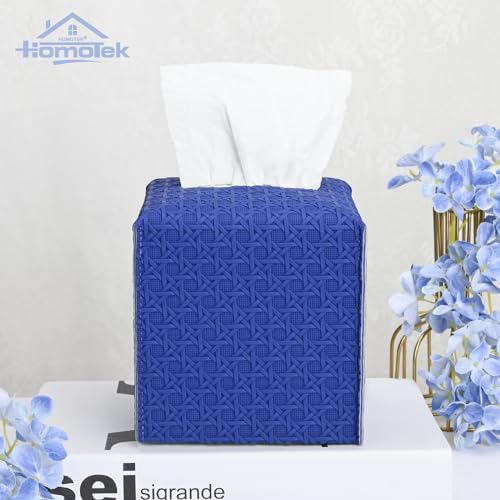 HOMOTEK Rattan Weave Blue Square PU Leather Tissue Box Cover 5x5x5 Inches