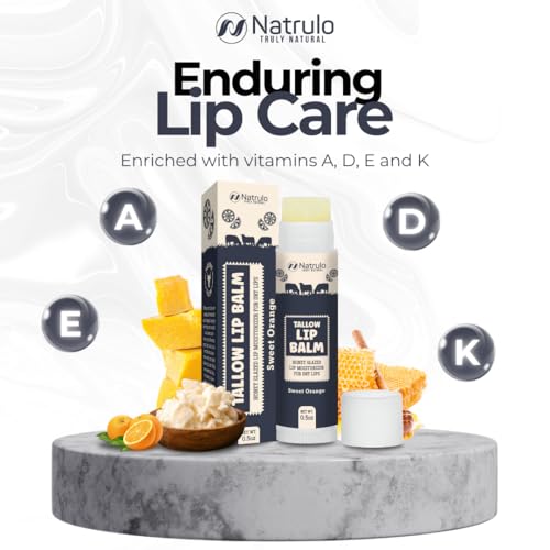 Natrulo Beef Tallow Lip Balm – Grass Fed Tallow & Beeswax Chapstick, Sweet Orange