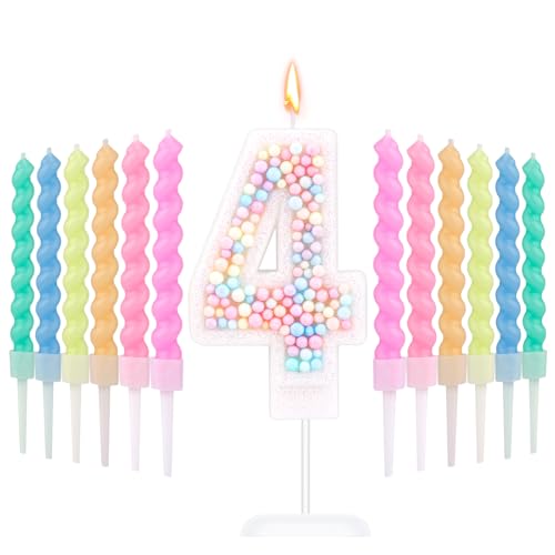 Macaron Number 4 Birthday Candle with 12 Rainbow Spiral Candles