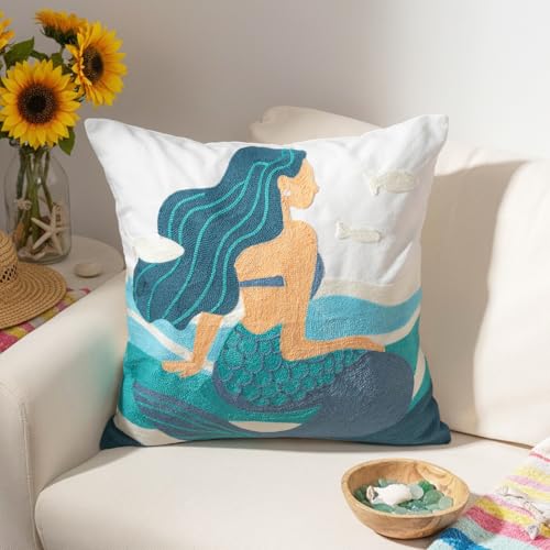 Mermaid Pillow Cover for Girls - 18x18 Inch Coastal Decor