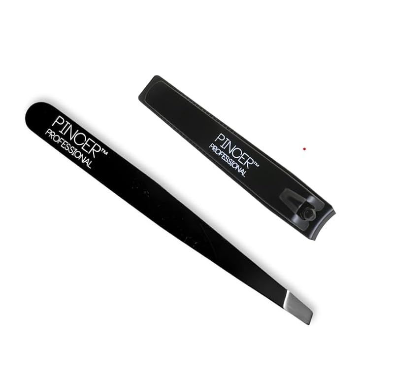 Pincer Professional Stainless Steel Grooming Set with Slanted Tweezers and Nail Clippers