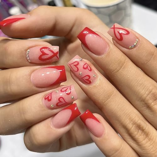 Press On Nails Medium Square Glossy Acrylic False Nails with Heart Designs