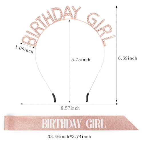 Rose Gold Birthday Girl Tiara and Sash Set - Adjustable Crown & Ribbon