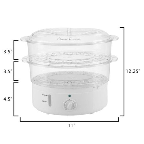 Classic Cuisine Food Steamer and Rice Cooker in one, Two-Tier Food Steamer for Healthy Meals anytime, cooks Vegetables, Fish, Dumplings, Eggs and more, 6.3 QT, Clear