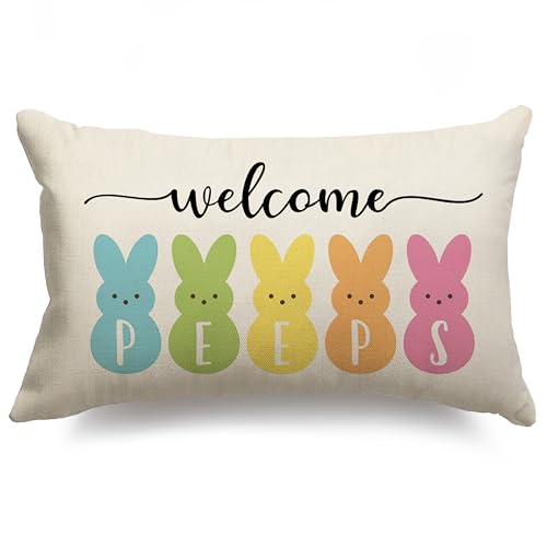 Easter Bunny Lumbar Pillow Cover 12x20 - Decorative Linen Throw Case A-26