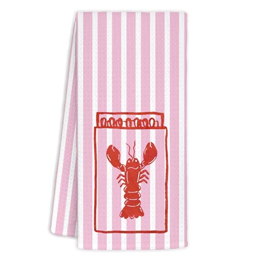 Coastal Beach Lobster Kitchen Towels - 16x24 Inch, Pink Striped