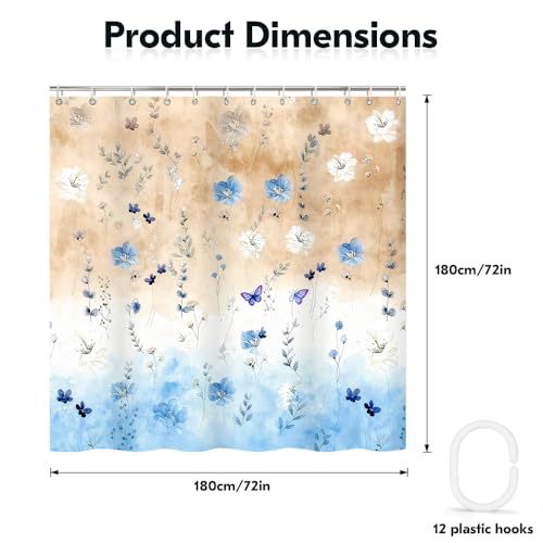 Watercolor Floral Shower Curtain - Pastel Blue & Yellow Design, 72x72