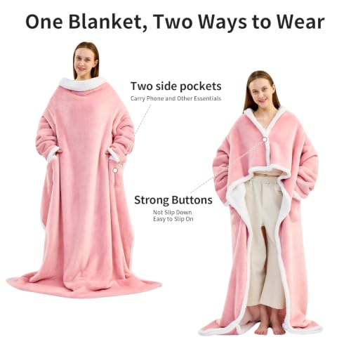 Pink Sherpa Wearable Blanket with Foot Pocket - Oversized Snuggle Robe, 53x69+12 inches