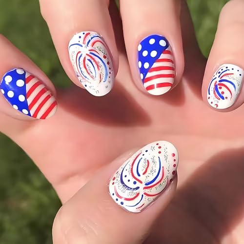 FOXIIU Independence Day Press On Nails Patriotic French False Nails