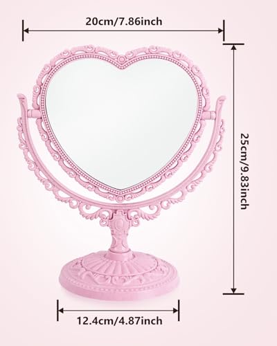 Pink Heart Shaped Double-Sided Rotatable Vanity Mirror for Desk - Cute Coquette Decor