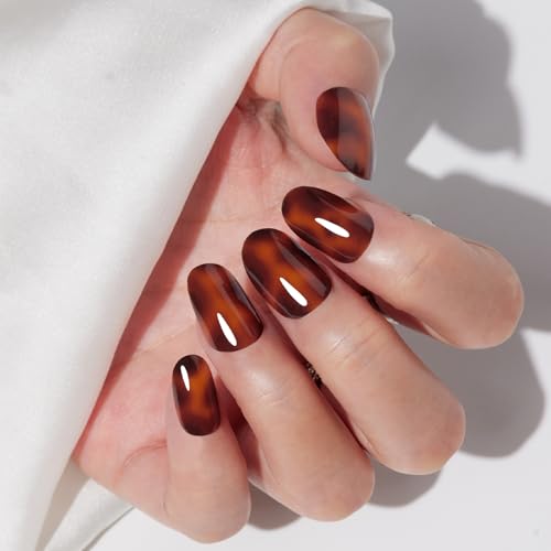 Findigit Short Press On Nails - 32 Pcs Natural Soft Gel Fake Nails Kit, Amber