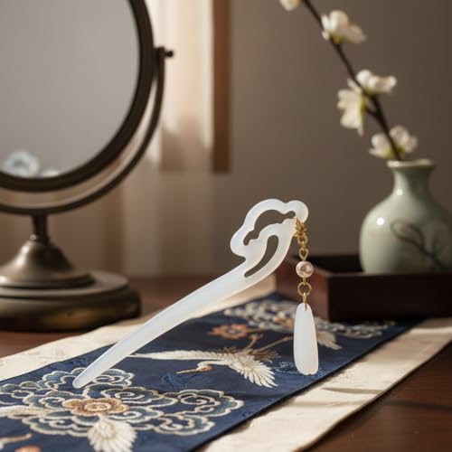 Chinese Acetate Jade Hair Stick with Tassel Flower Pendant