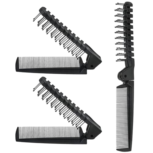 Qjaiune 3PCS Travel Foldable Hair Brush and Double Headed Comb, Black