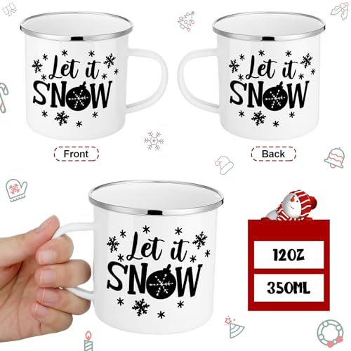 6 Pack Christmas Winter Enamel Coffee Mugs Set with Snowflake & Snowman Designs