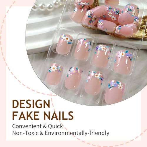 Short Square Daisy Press On Nails with Jelly Glue 24Pcs