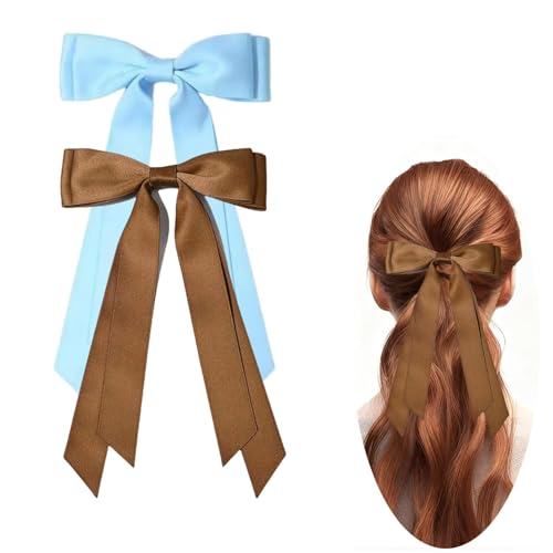 Satin Hair Bows Clips for Women and Girls, Blue and Brown Hair Ribbons, 2PCS