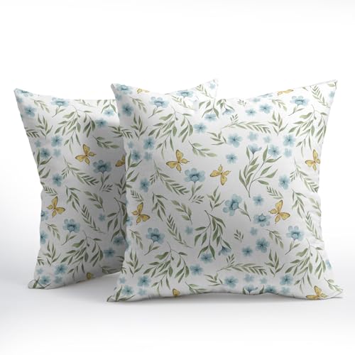 Roverantic Blue Green Yellow Floral Pillow Covers 18x18 Set of 2 Spring Home Decor