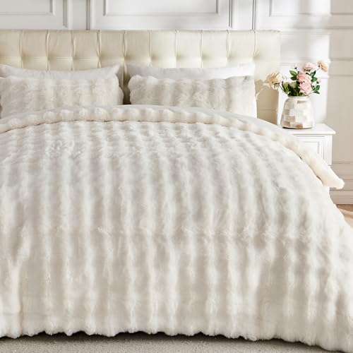 King Size Faux Rabbit Fur Comforter Cover Set Cream White Plush Bedding