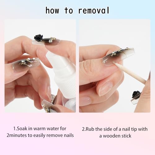 Biutee Long French Tip Press on Nails Black Bows Rhinestone False Nails