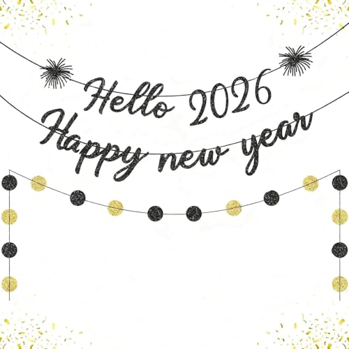 2026 Happy New Year Banner - Black Glitter Party Decoration