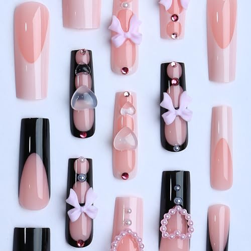 Long Square Press on Nails Black and White French 3D Bow Pearl False Nails