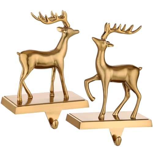 2 Pack Antique Gold Christmas Deer Stocking Holders for Mantle - Heavy Metal Holiday Hooks