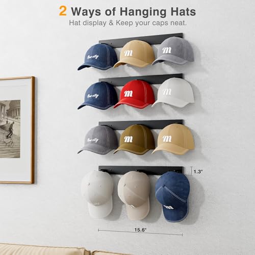 MISSLO Black Hat Rack for Wall - 4 Pack Baseball Cap Organizer