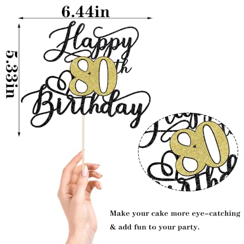 80th Birthday Cake Topper - Black Gold Glitter Decoration