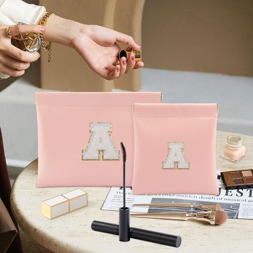 Tiltol Personalized Small Makeup Bag for Purse, Pink Letter A Pouch Set of 2