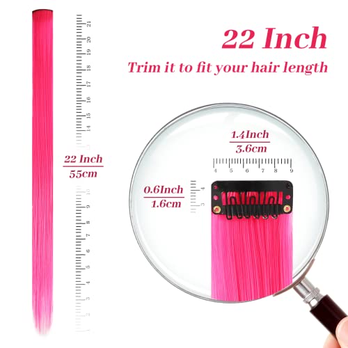 YaFex 22 Inch Clip In Hair Extensions Long Straight Synthetic Hot Pink