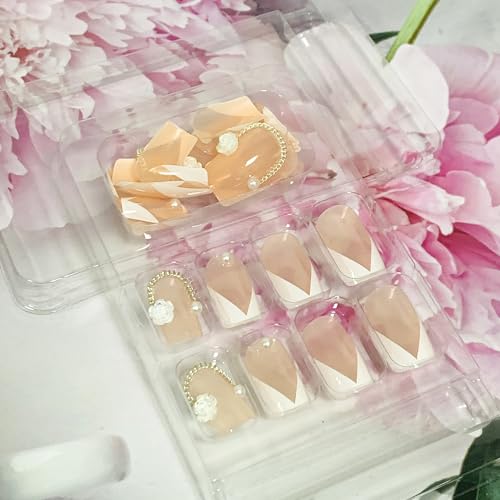 Onsdag Square French Tip Press On Nails with Flower Gems 24Pcs